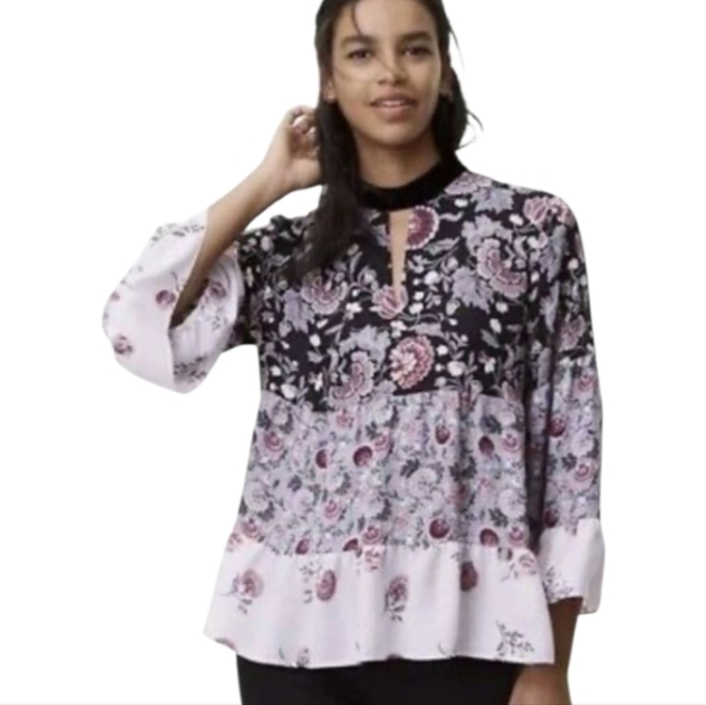 LOFT bell sleeve floral choker neckline cottage blouse size XS